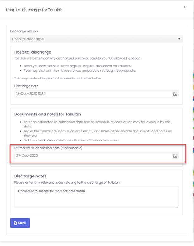 discharge input form, click for more detail