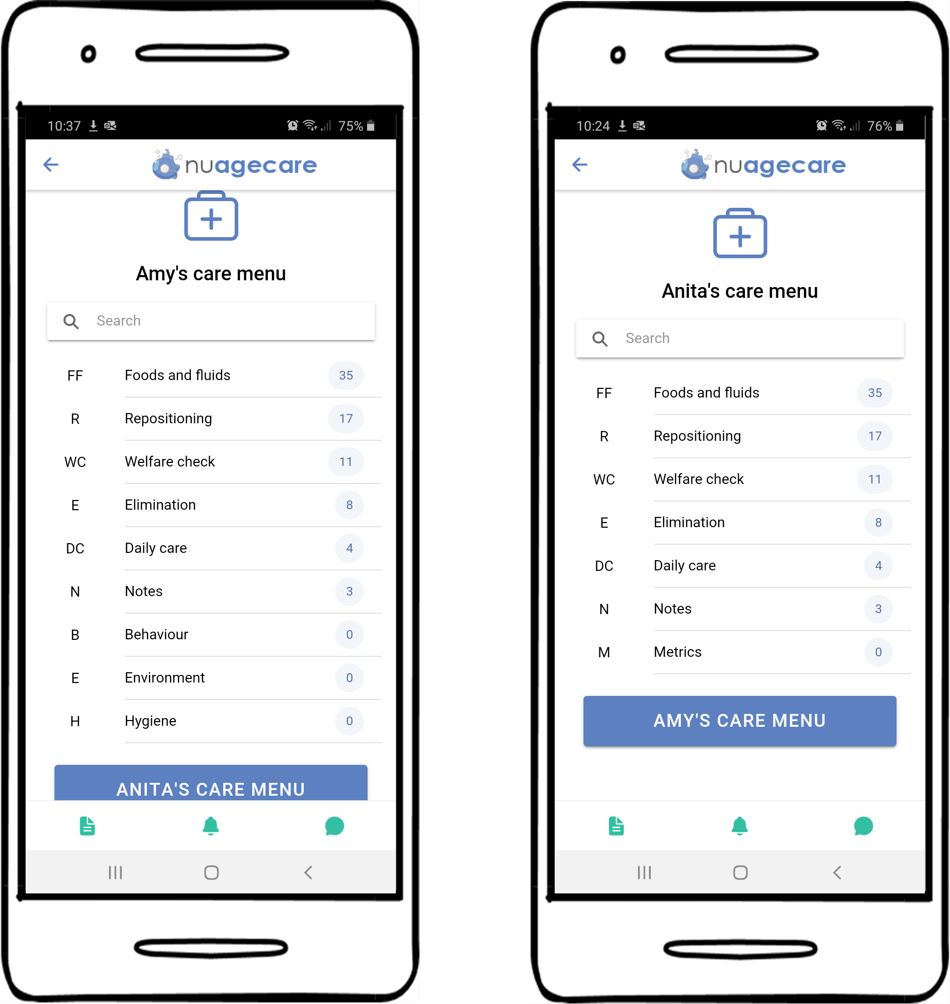 carer menu to the left, resident menu to the right, click for more detail