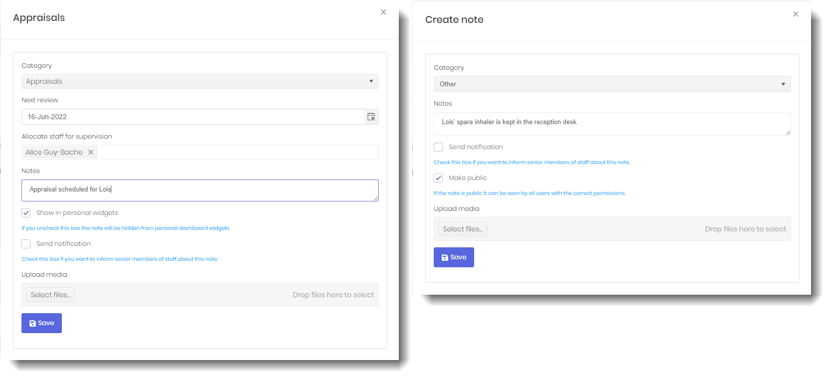 input forms for tasks and notes